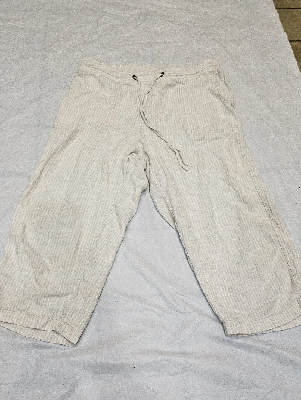 Per Se Striped Linen Capri Pants M Wide Leg Drawstring Elastic